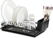 Driopanno per servizio - con gancio rimovibile e contenitore per asciugatura - griglia per asciugare piatti - 39 x 23 x 8 cm - colore nero griglia curva
