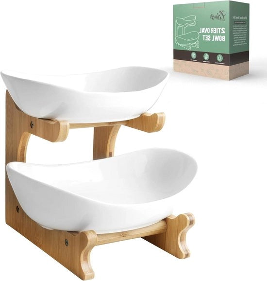 Etagère a doppia pianta con piatto da frutta in ceramica - tavolo da servizio in bambù con piatto da frutta 

Specifiche tecniche: 
- Piatto da frutta in ceramica
- Materiale: bambù
- Modello: Fruitschaal