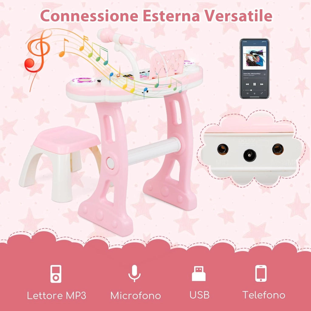 Tastiera Pianoforte a 37 Tasti per Bambini, Piano Elettronico per Bambini con Microfono, Sgabello e Supporto per Spartiti, 8 Ritmi e 8 Strumenti, per Bambini 18+ Mesi (Rosa)
