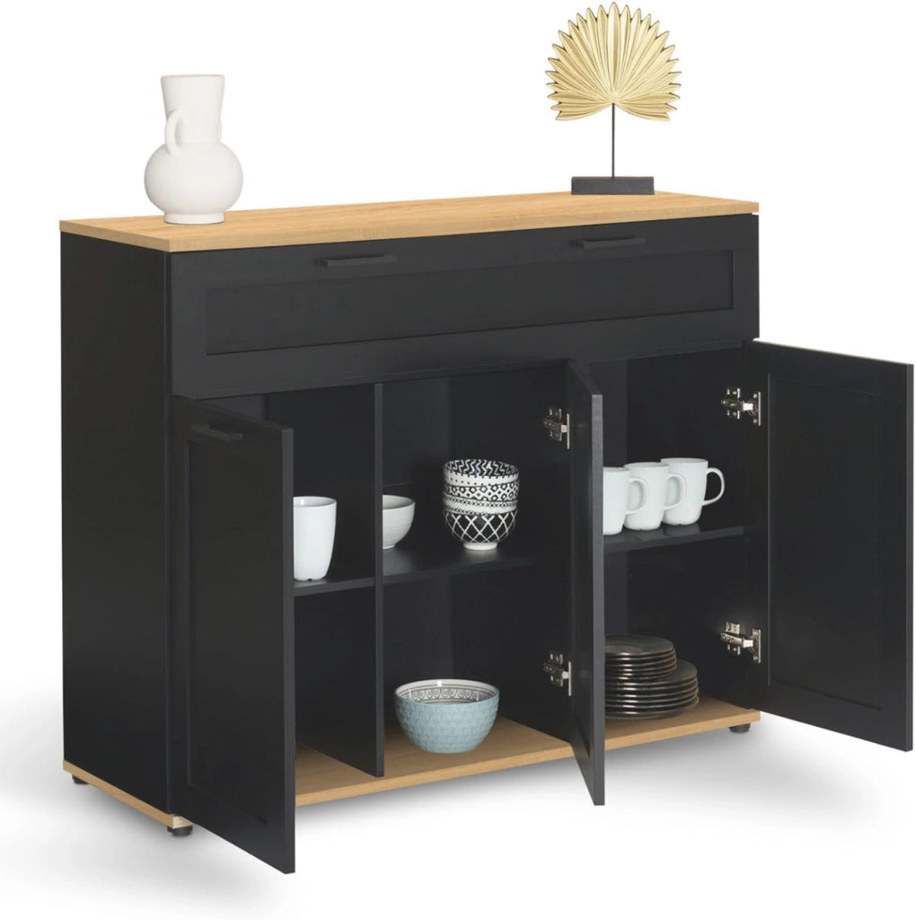 Credenza VITO 100 cm con 3 ante e 1 cassetto, nero e piano in legno