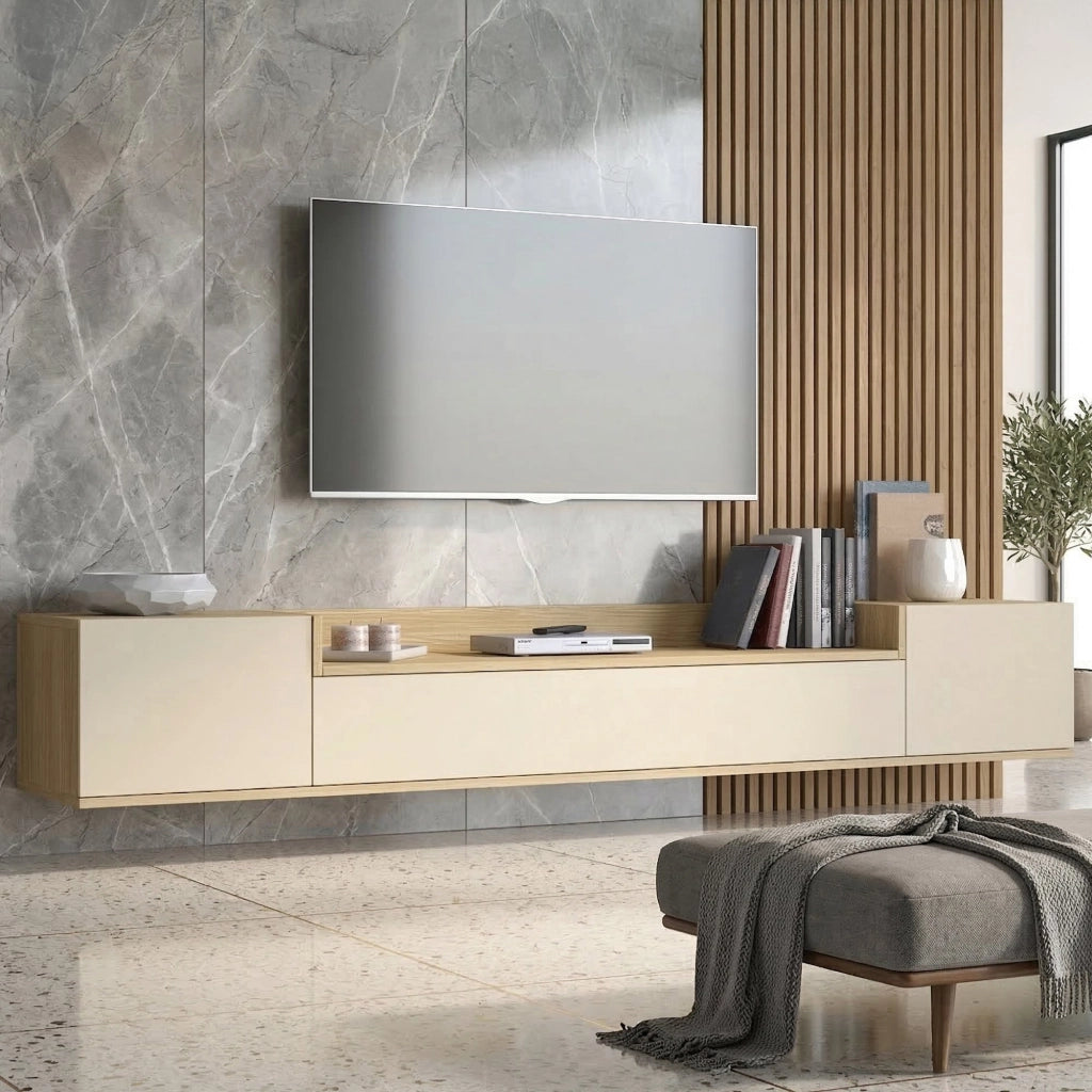 Oxanna, Mobile Porta tv 3 Ripiani Made in Italy, 200x35x30h cm Bianco Cashmere