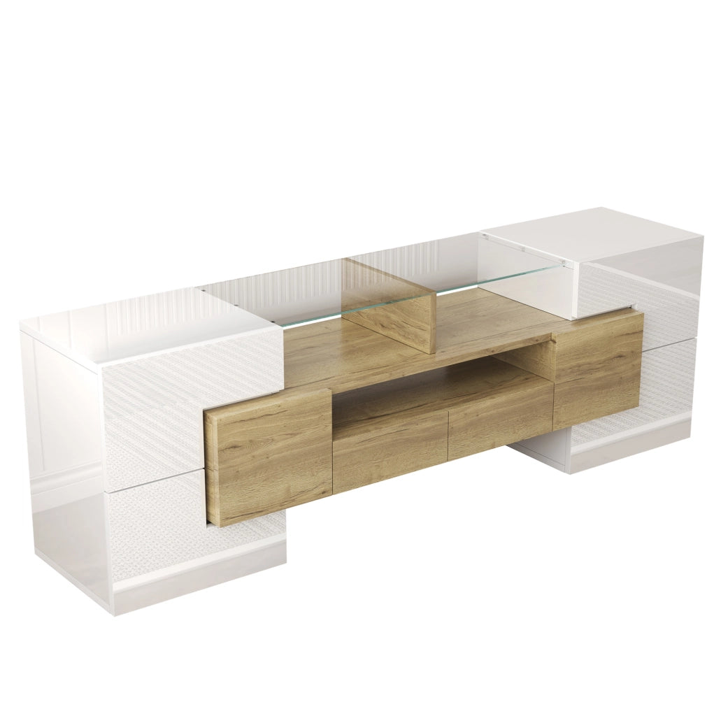 Mobile TV moderno con LED 145 cm; bianco e oro; in MDF con ante e cassetti