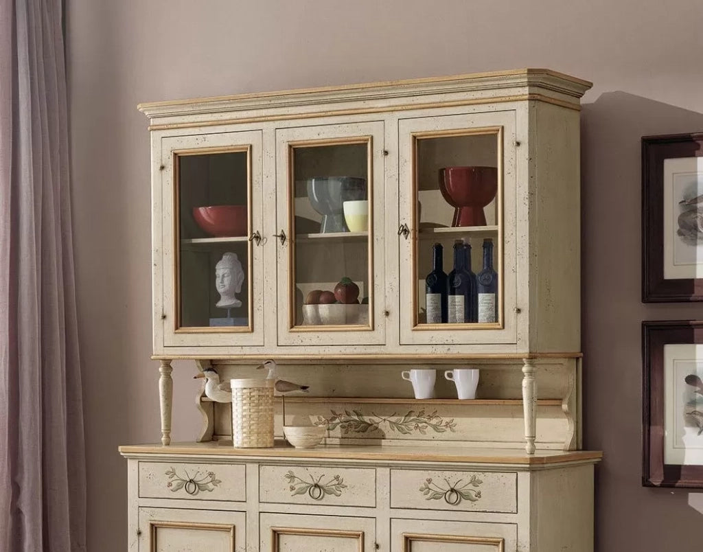 Cristalliera provenzale in legno shabby avorio ocra 3 porte 160x50x221 (1460+1461) - Mobili 2G