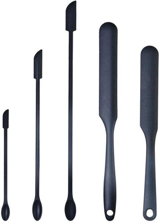 Set di spatole e spatole per padella, 2 grandi + 3 piccole spatole in silicone per cucinare, raschiare pentole, spremere pane, decorare torte, aiuti multifunzionali per la cucina e la cura della persona con appendiabiti
