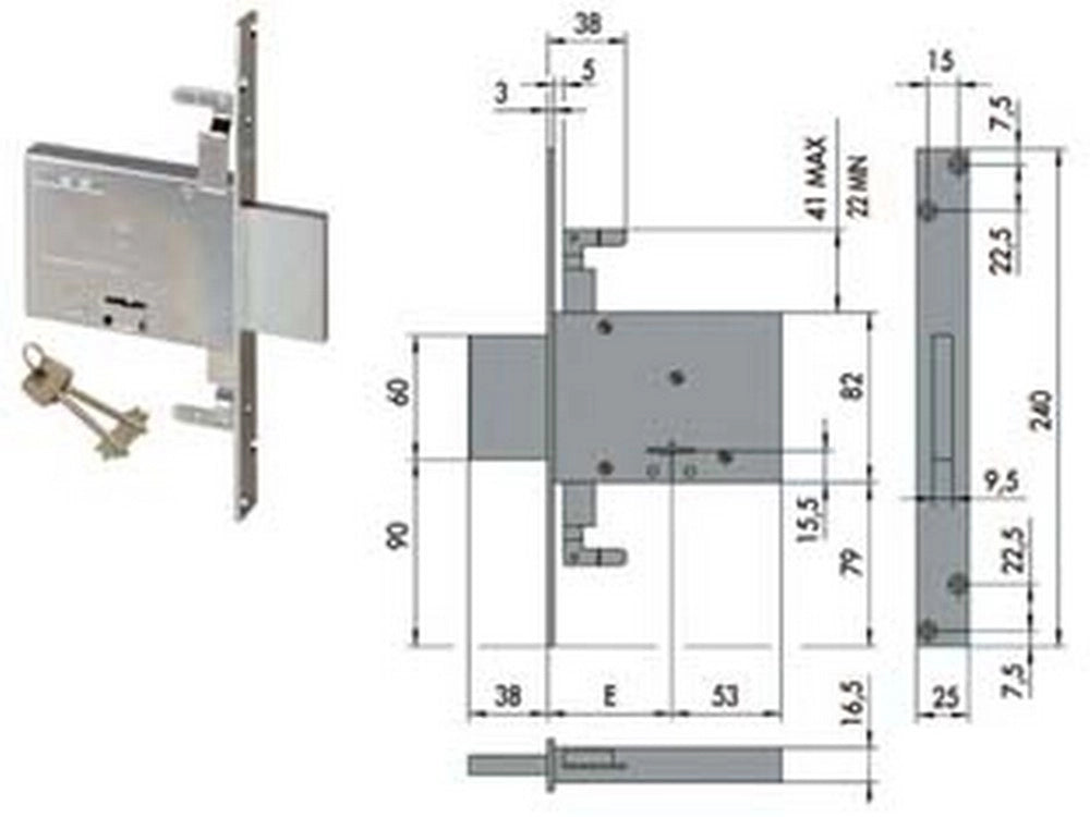 1pz serratura triplice infilare doppia mappa 57016 mm60 2 chiavi 57016600 cod:ferx.fer84123