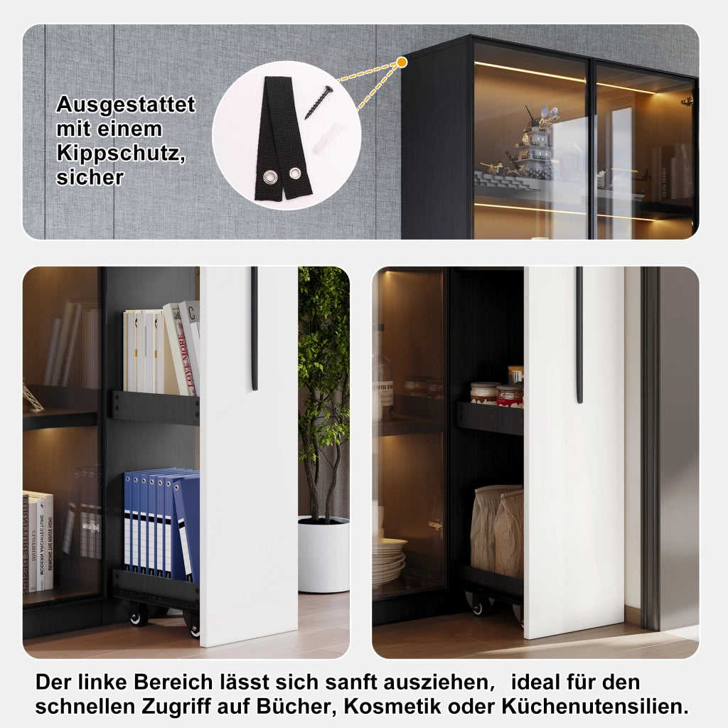 Vetrina Libreria con Anta in Vetro e LED; Ripiano Laterale Estraibile con Ruote; MDF; Nero e Bianco; 110;5??35??160 cm