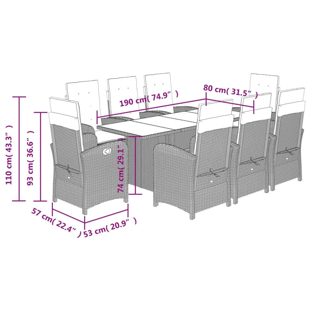 Set Pranzo da Giardino 9pz con Cuscini Grigio Chiaro Polyrattan