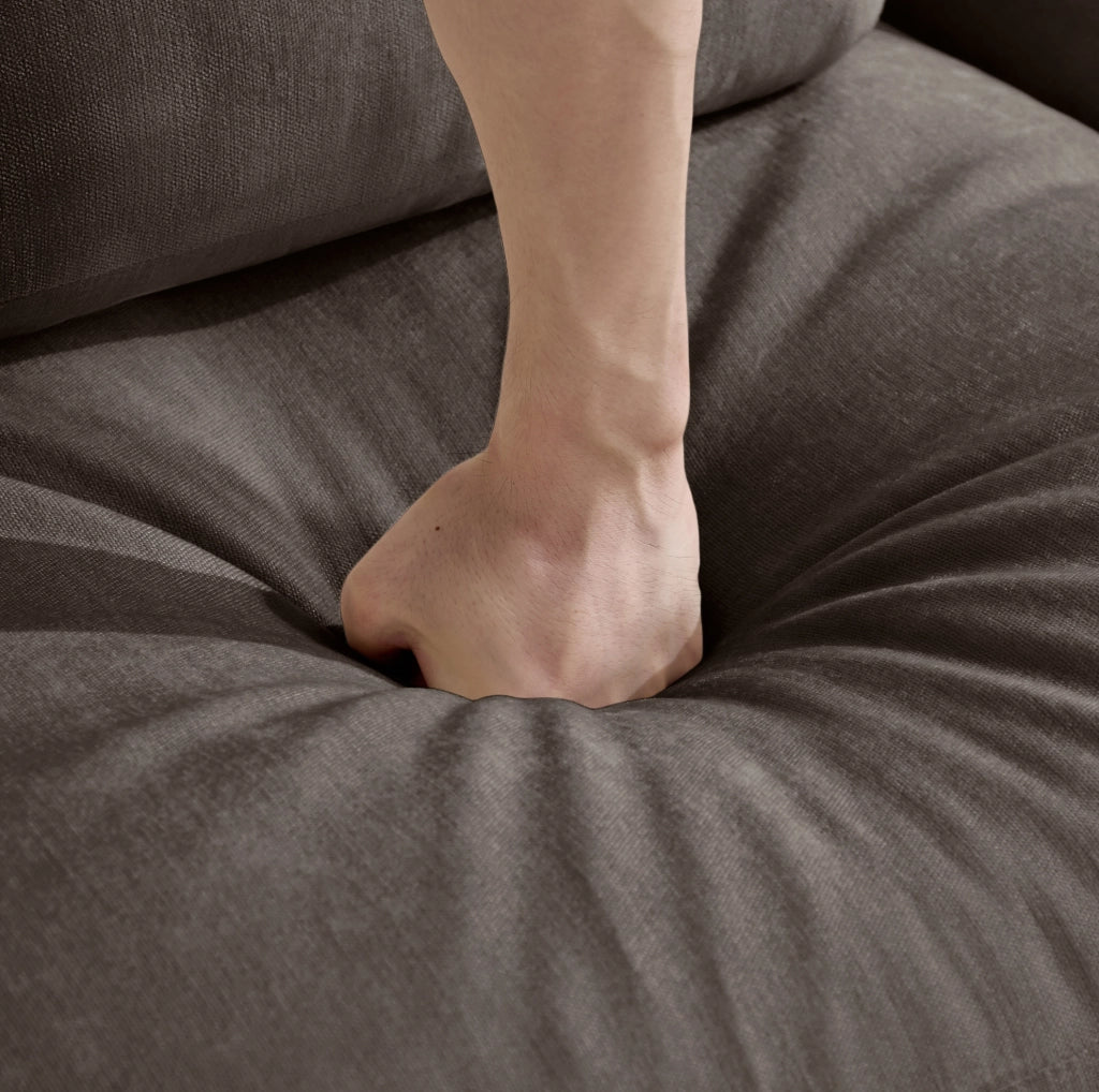 Divano modulare a L in ciniglia marrone con pouf; 253x143x88 cm