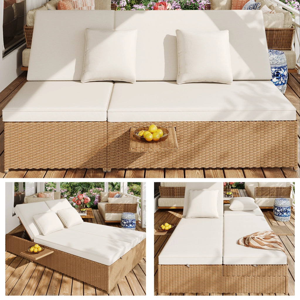 Chaise longue de jardin ext¨¦rieure double lit chaise longue en rotin ext¨¦rieure canap¨¦ en rotin pouvant servir de mobilier de jardin d¡¯ext¨¦rieur adapt¨¦ aux salons balcons et jardins r¨¦sistant aux intemp¨¦ries pliable avec coussins blanc