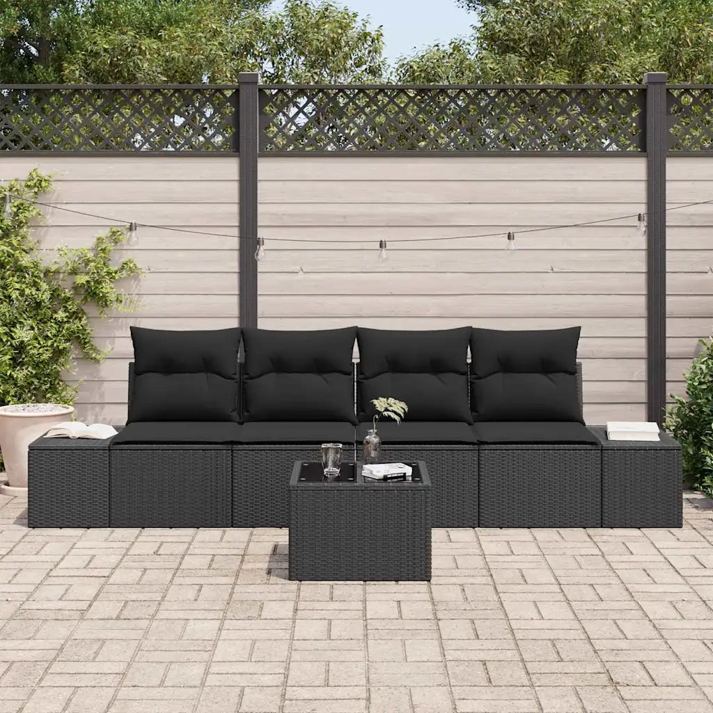 Set Divano da Giardino con cuscino 5 pcs Nero polyrattan
