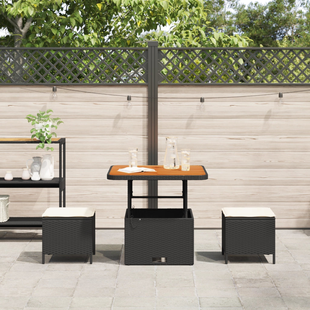 Set da pranzo da giardino 3 pezzi con cuscini nero in poly rattan e acacia