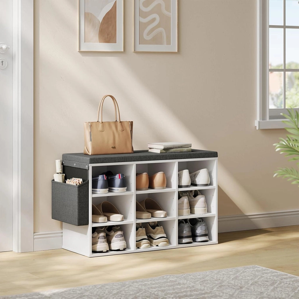 WOLTU Panca Scarpiera da Ingresso, Scaffale Porta Scarpe a 9 Scomparti con Seduta Imbottita, Mobile da Ingresso Salvaspazio in Legno, Bianco, 76,8x30x48,5 cm