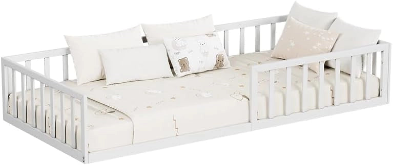 Letto a pavimento Minno 90x200, letto bambini in metallo, letto Montessori con protezione anticaduta, bassa altezza d’ingresso, bianco