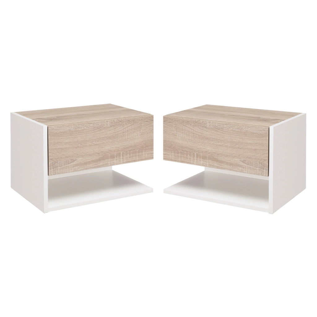 Set 2 Comodini Sospesi a Parete con Cassetto e Mensola Bianco e Rovere