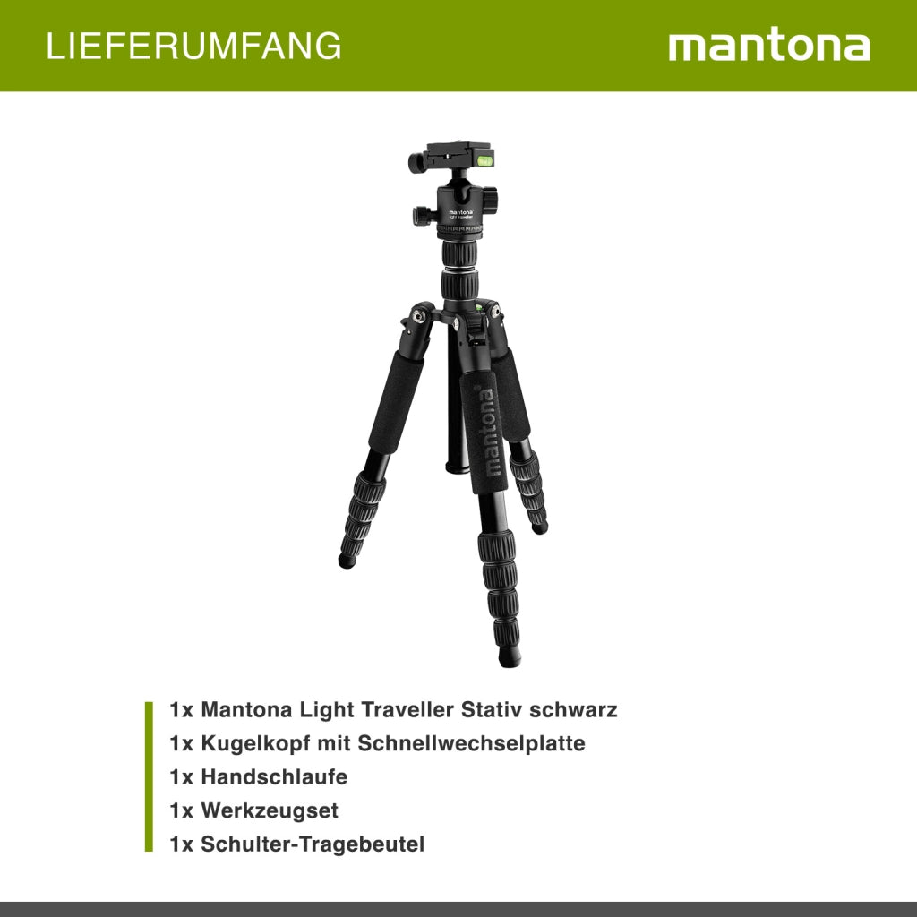 Mantona Cavalletto fotografico da viaggio, 131,5 cm nero, alluminio, max 5 kg, con testa a sfera e Arca-Swiss, Treppiedi Stativo fotografia