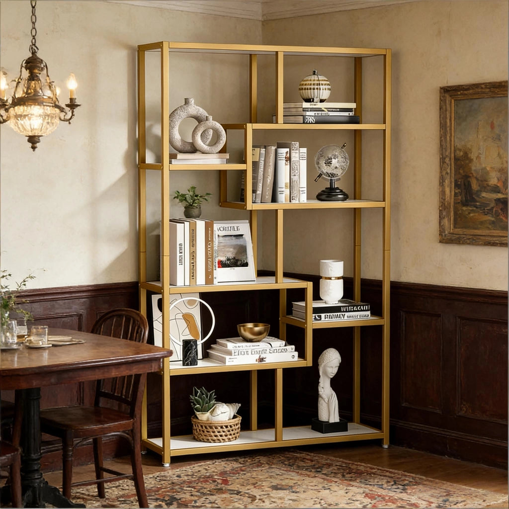 Libreria aperta moderna in metallo oro e pannelli effetto marmo bianco, 8 ripiani