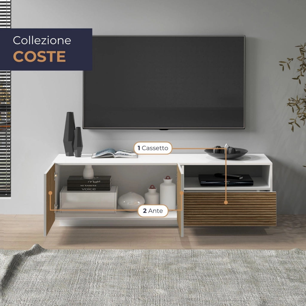 WHOUS Mobile porta tv Coste a 2 ante 1 cassetto e 1 vano aperto bianco/legno chiaro 150x43x46 cm
