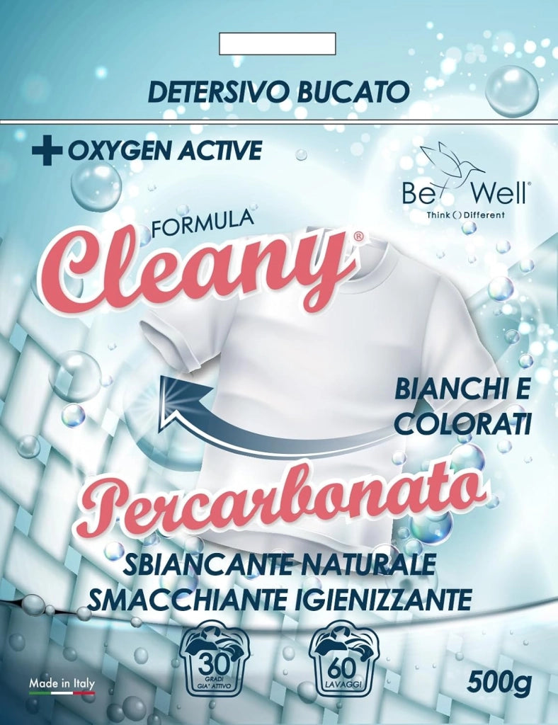 CLEANY Percarbonato di Sodio Puro per Bucato, Ossigeno Attivo, Smacchiatore ad Azione Sbiancante Igienizzante Naturale, Antimuffa, Bag Richiudibile 500g