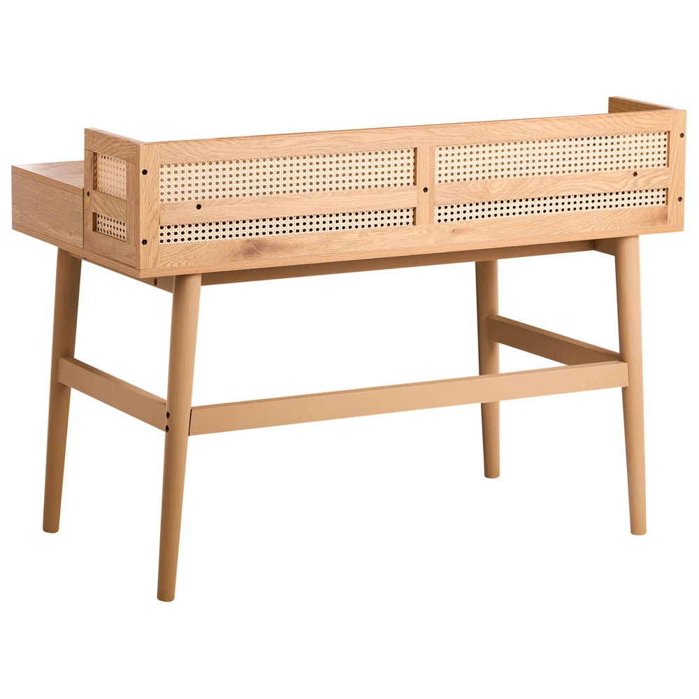 Scrivania da casa in MDF marrone chiaro 120 x 60 cm, con cassetti e intreccio viennese, gambe in legno, design scandinavo
