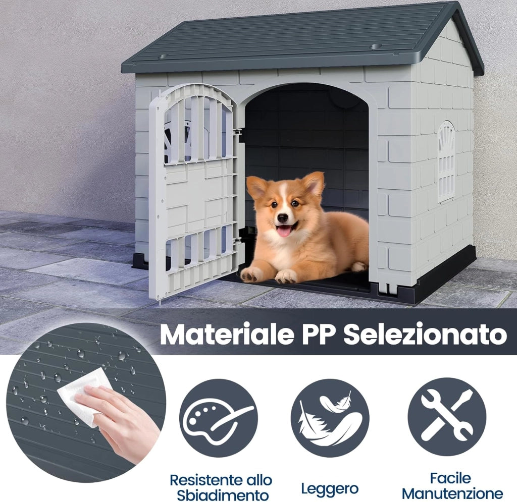 Cuccia per Cani da Esterno ed Interno, Cassetta per Cani con Porta Bloccabile, 3 Finestre e Tetto Inclinato, Cucce per Cagnolino in Plastica Impermeabile (Grigio)