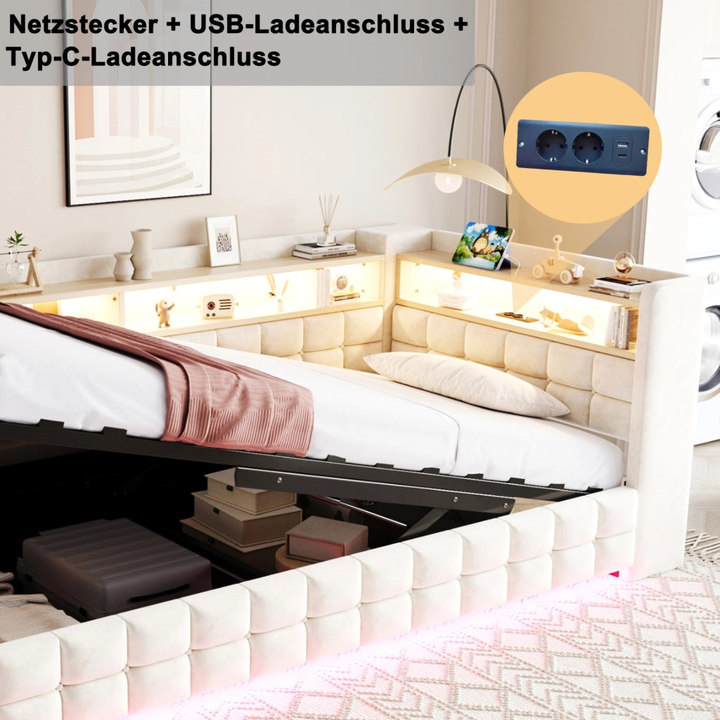 Letto imbottito con contenitore 90x200 cm in velluto beige; LED; prese e ripiani