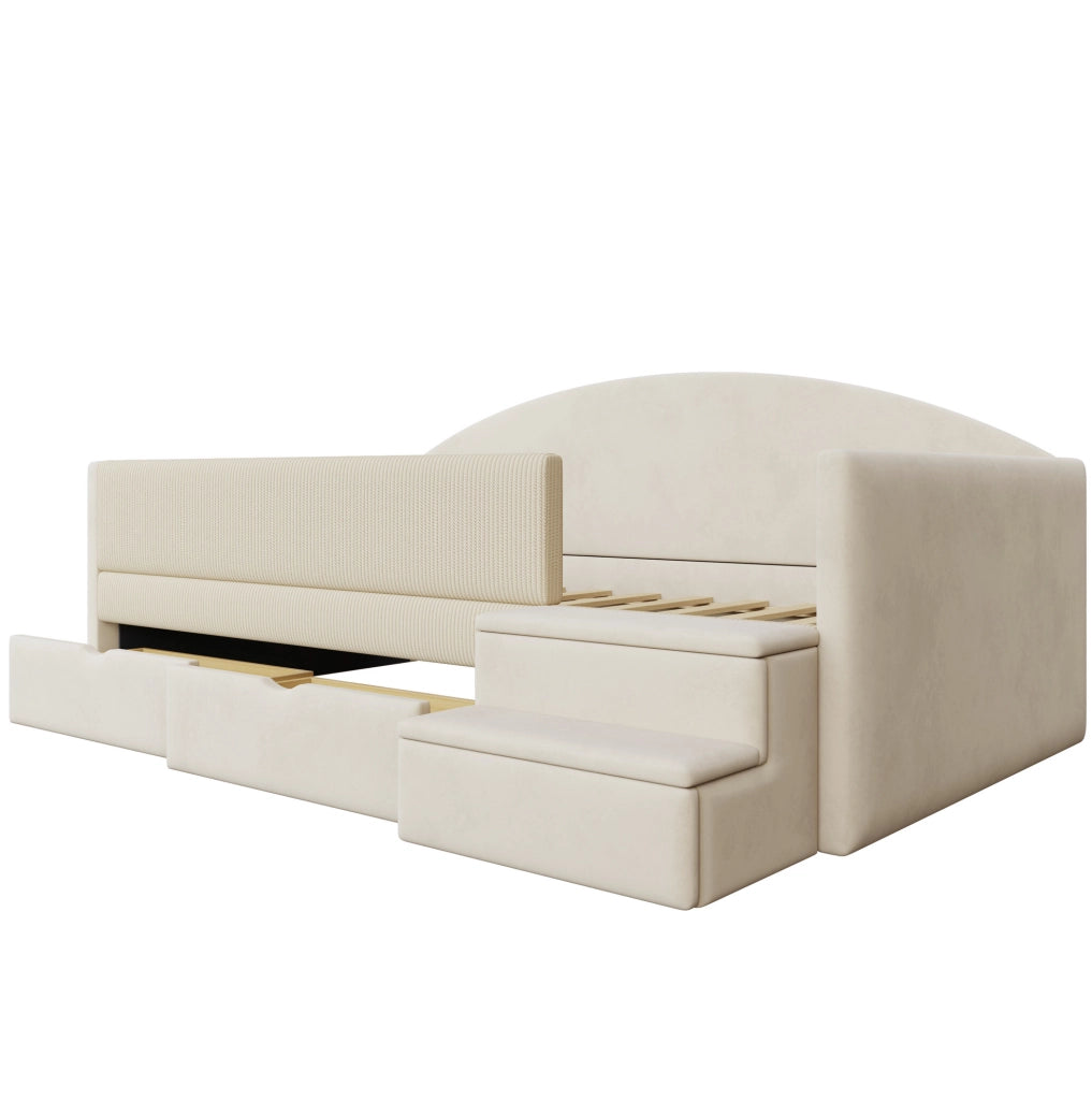 Letto imbottito 90x190 cm con cassetti e gradini in velluto beige