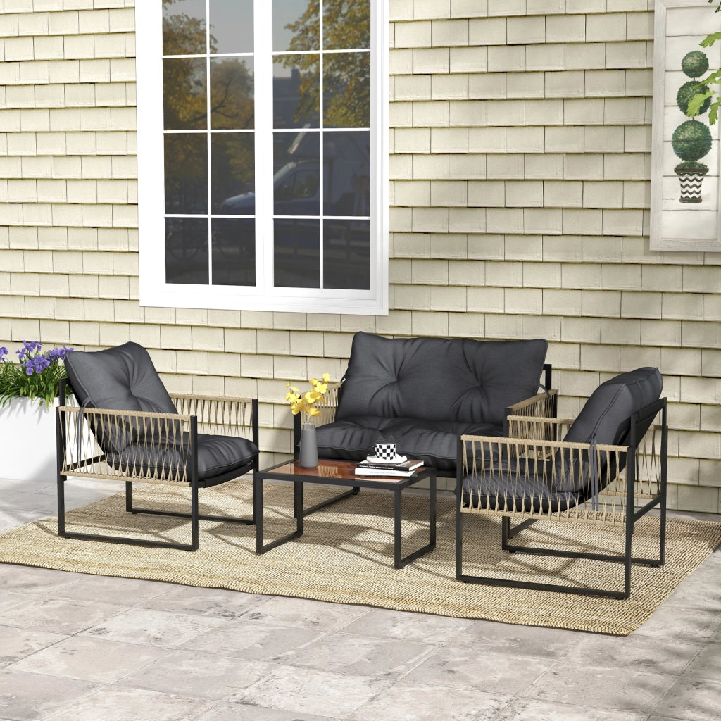 Set da Giardino 4 Pezzi in Rattan con Divanetto, 2 Sedie e Tavolino da Caff¨¨, Grigio e Marrone