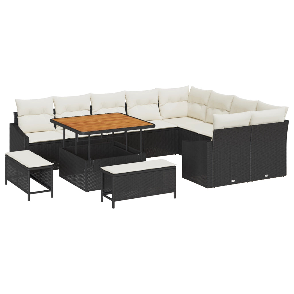 Set Divano da Giardino  12 Pezzi con Cuscini Polyrattan Nero Acacia