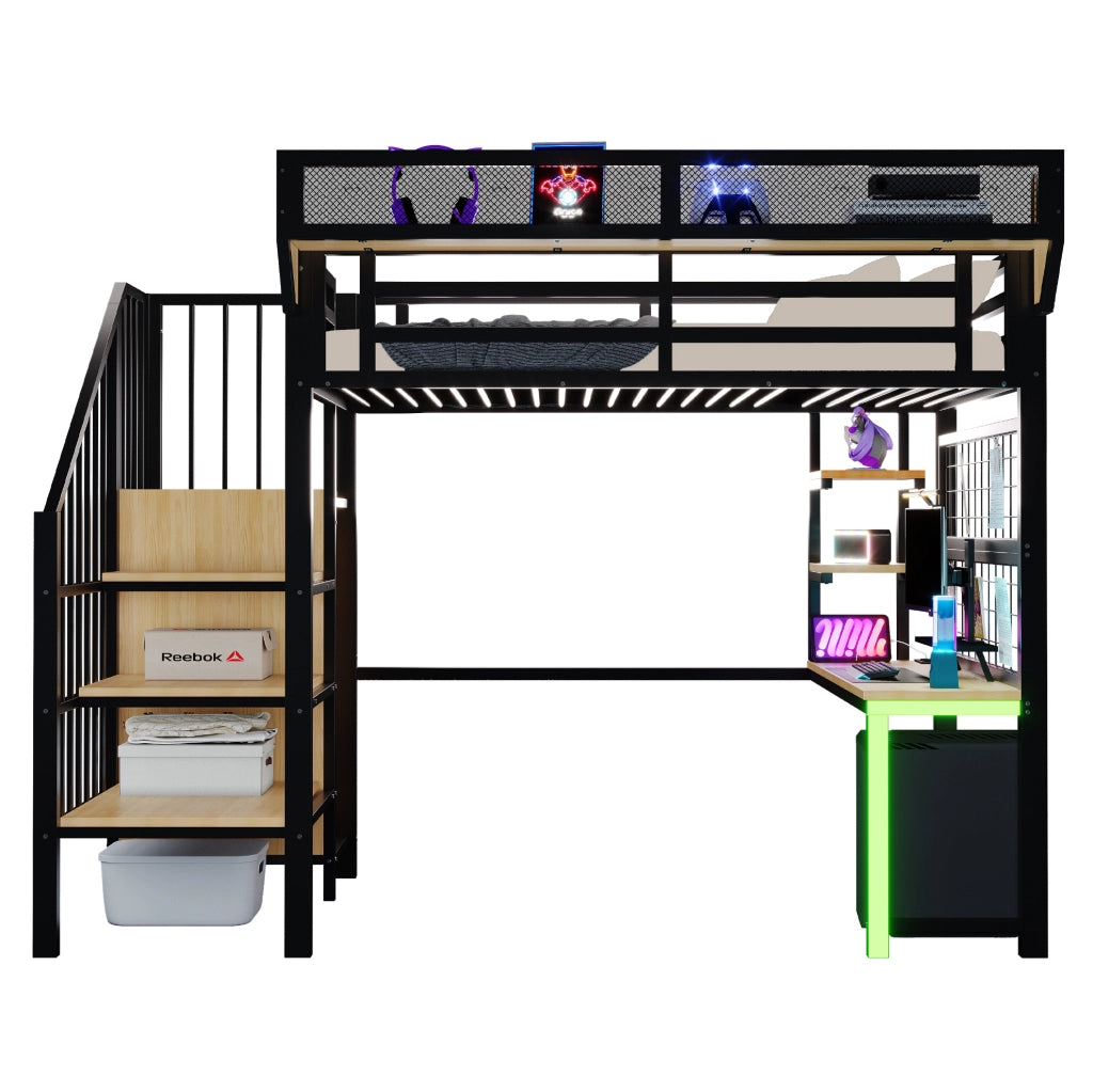 Letto a soppalco in metallo 90x200 cm nero con scrivania; ripiani; LED e prese