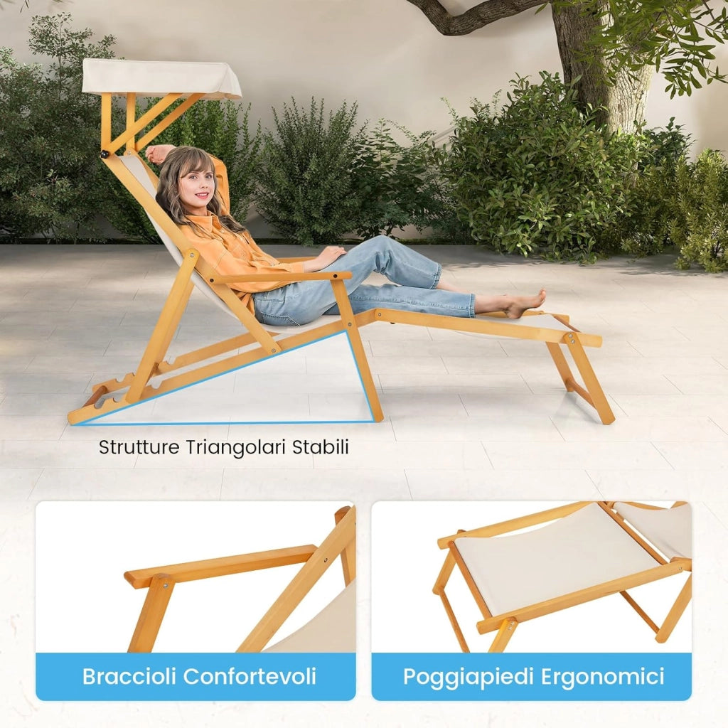 Sedia a Sdraio in Legno di Betulla, Lettino Prendisole da Giardino, Sedia da Spiaggia Pieghevole con Cappottina Regolabile e Rimovibile, Schienale Reclinabile e Poggiapiedi, Portata 100 kg