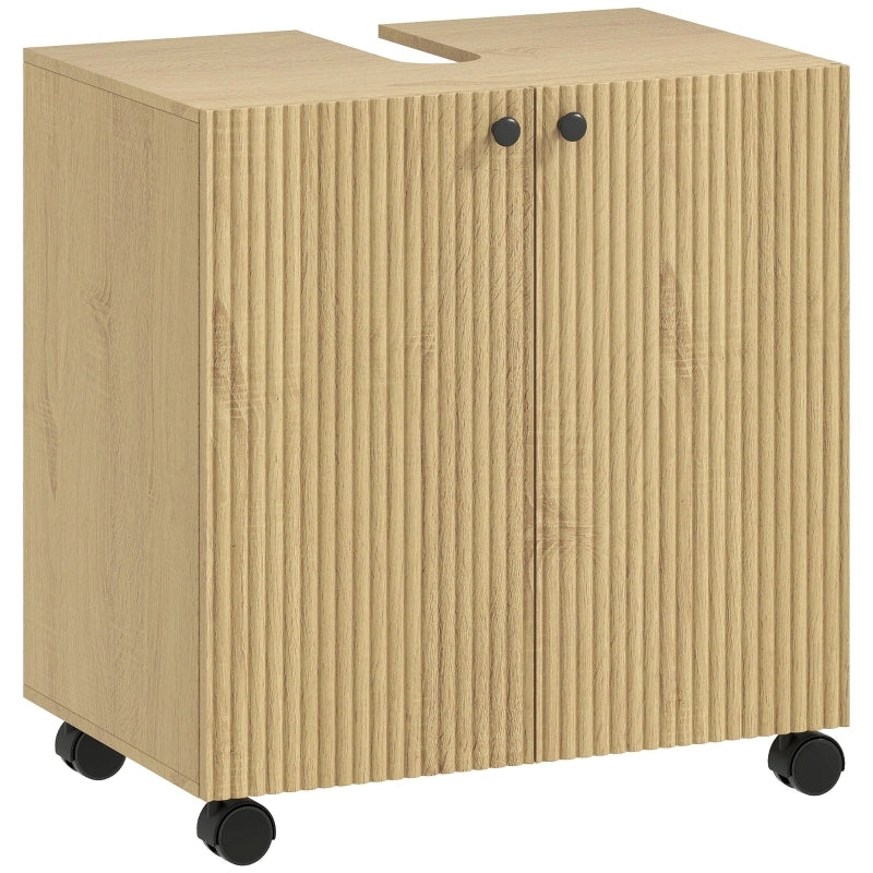 Mobile sottolavabo bagno in legno naturale con ruote, anta soft-close e ripiano regolabile