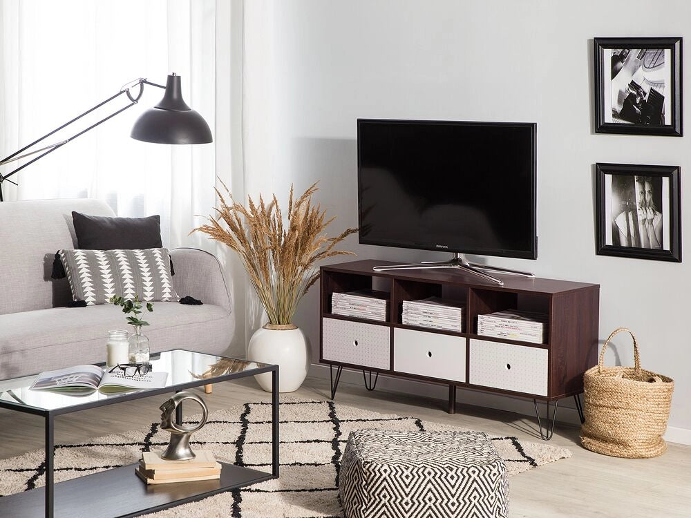 Mobile TV in legno scuro con bianco per TV fino a 50ʺ con ripiani a 3 cassetti