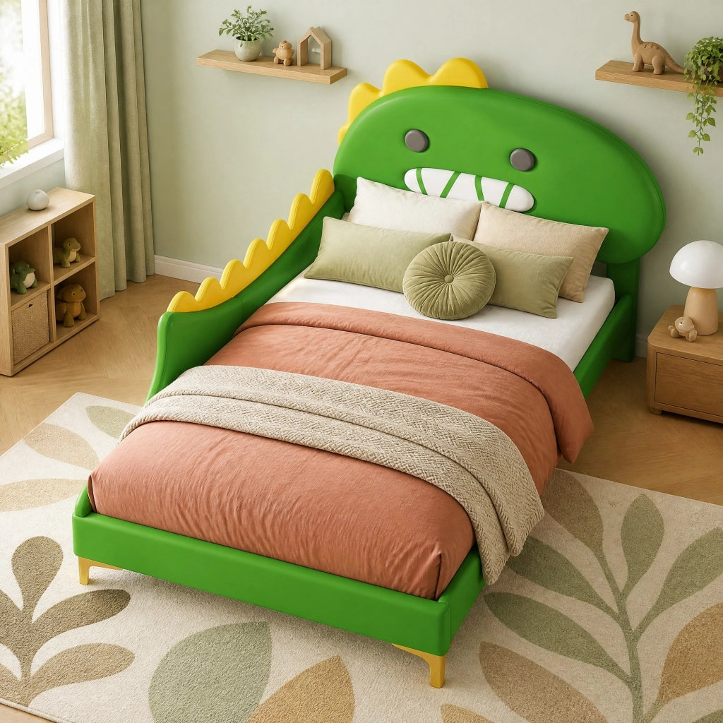 LETTO bambini a forma di dinosauro 90 x 200 cm Verde in PU e MDF