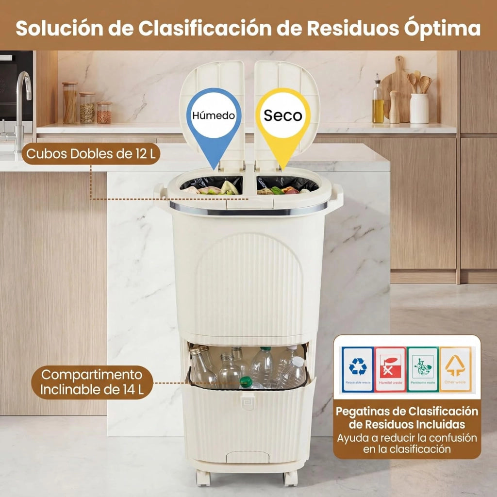 Bidone per Spazzatura Interno 38 L, Pattumiera da Cucina Differenziata a 3 Scomparti con Ruote e Maniglie, Secchio dei Rifiuti in PP on Coperchi a Pressione e Pedale (Beige)