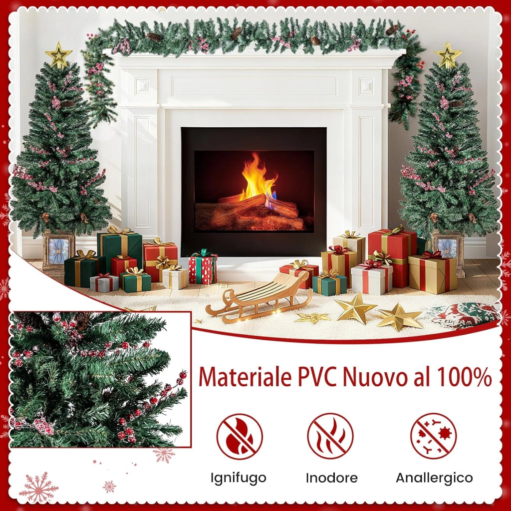 Set di 2 Alberi di Natale in Vaso con Pigne, Stella e Ghirlanda | Decorazione Natalizia per Camino, Ingresso e Festa con Corona e Bacche Rosse Ghiacciate