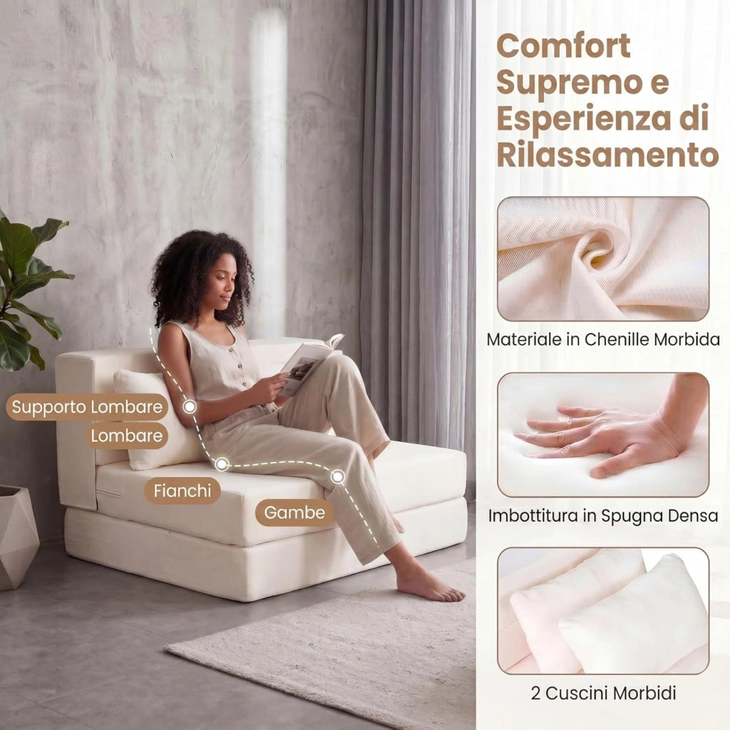 Divano Letto 2 Posti Pieghevole, 3 in 1 Divanetto Trasformabile con 2 Cuscini, Schiuma ad Alta Densità e Rivestimento in Tessuto Chenille, Poltrona Letto per Soggiorno (Beige,82 x 103 x 58 cm)