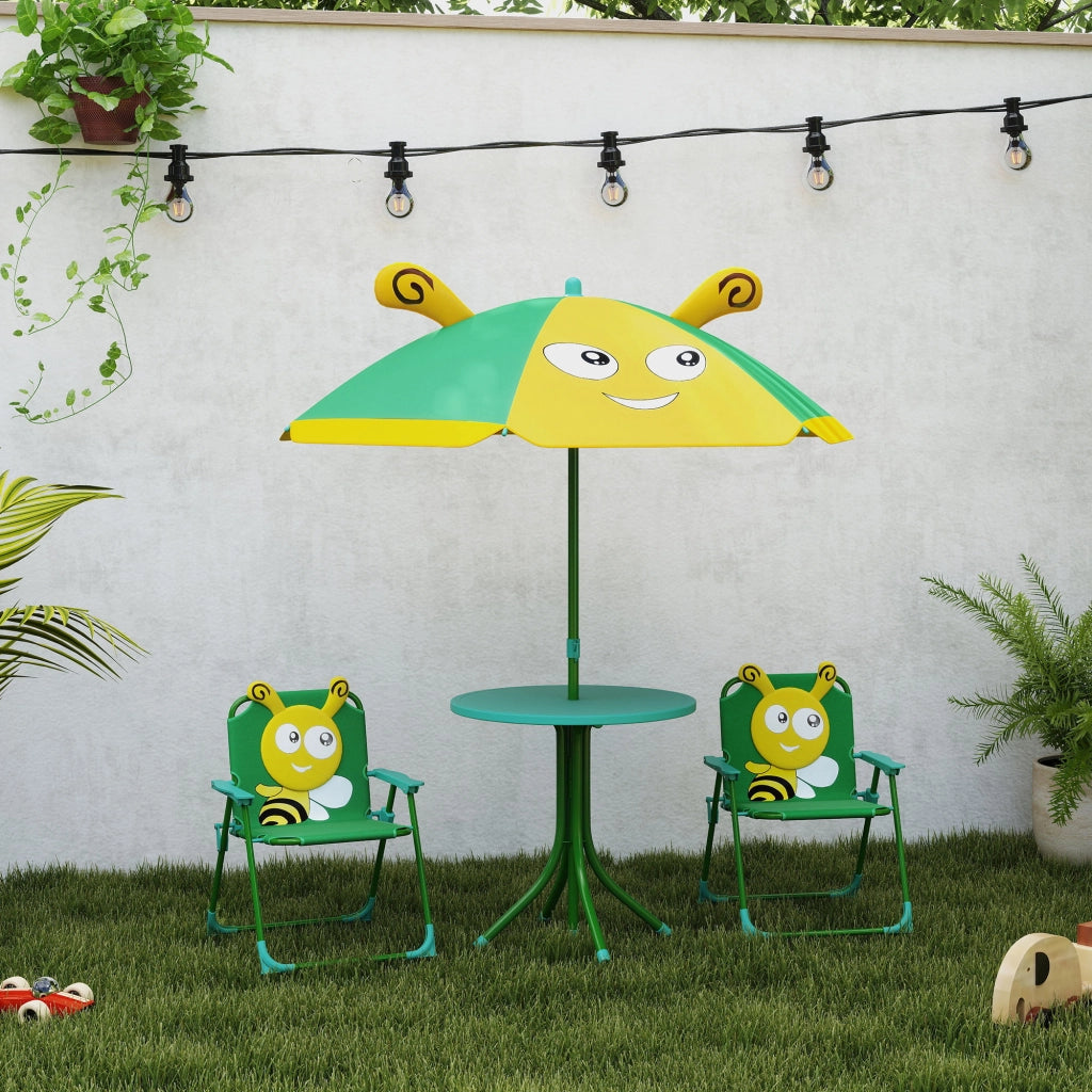 Set giardino per bambini con tavolo, sedie e ombrellone ¨C zephmum ¨C design ape, verde e giallo