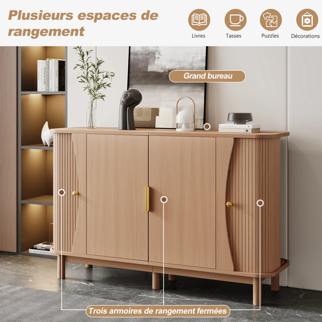 Credenza e madia con 2 ante scorrevoli e ripiano regolabile, per soggiorno, in MDF naturale, 140 × 40 × 88 cm
