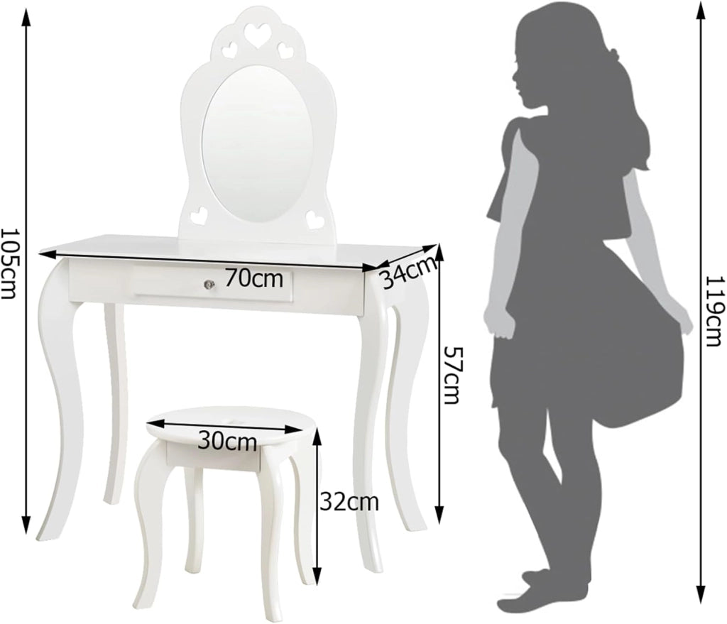 Toeletta Trucco per Bambina, Specchiera per Ragazzi in Legno Robusto, Postazione Trucco 2 in 1 con Cassetto, Sgabello e Specchio Staccabile, 70 x 34 x 105 cm (BIANCO)