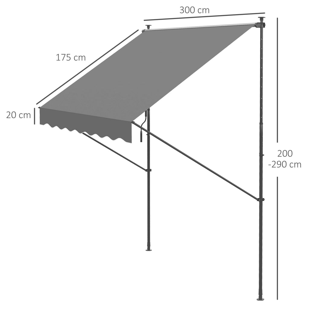 Toldo Retrattile Manuale per Balcone ¨C zephmum ¨C Grigio 300x175x210-310 cm