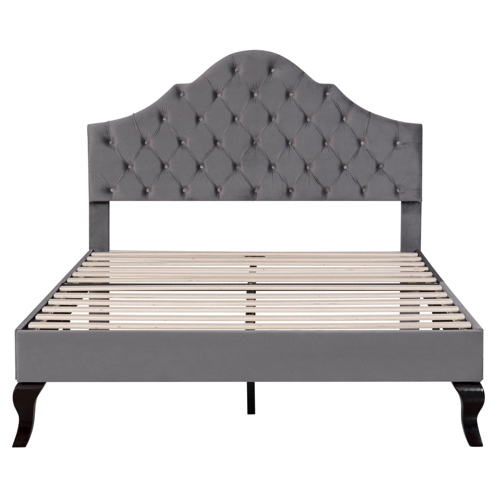 OKWISH Letto Imbottito 140×200 cm, Letto Matrimoniale con Testiera Regolabile e Rete a Doghe, senza Materasso, in Velluto, Grigio