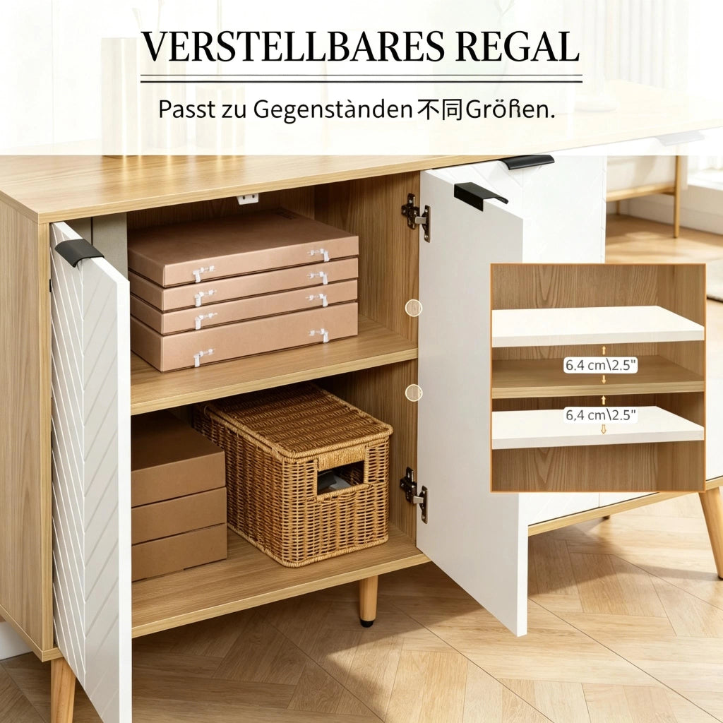 Credenza a 4 ante con 1 vano aperto e ripiano regolabile, per soggiorno, in truciolare bianca, 120 × 35 × 77,4 cm