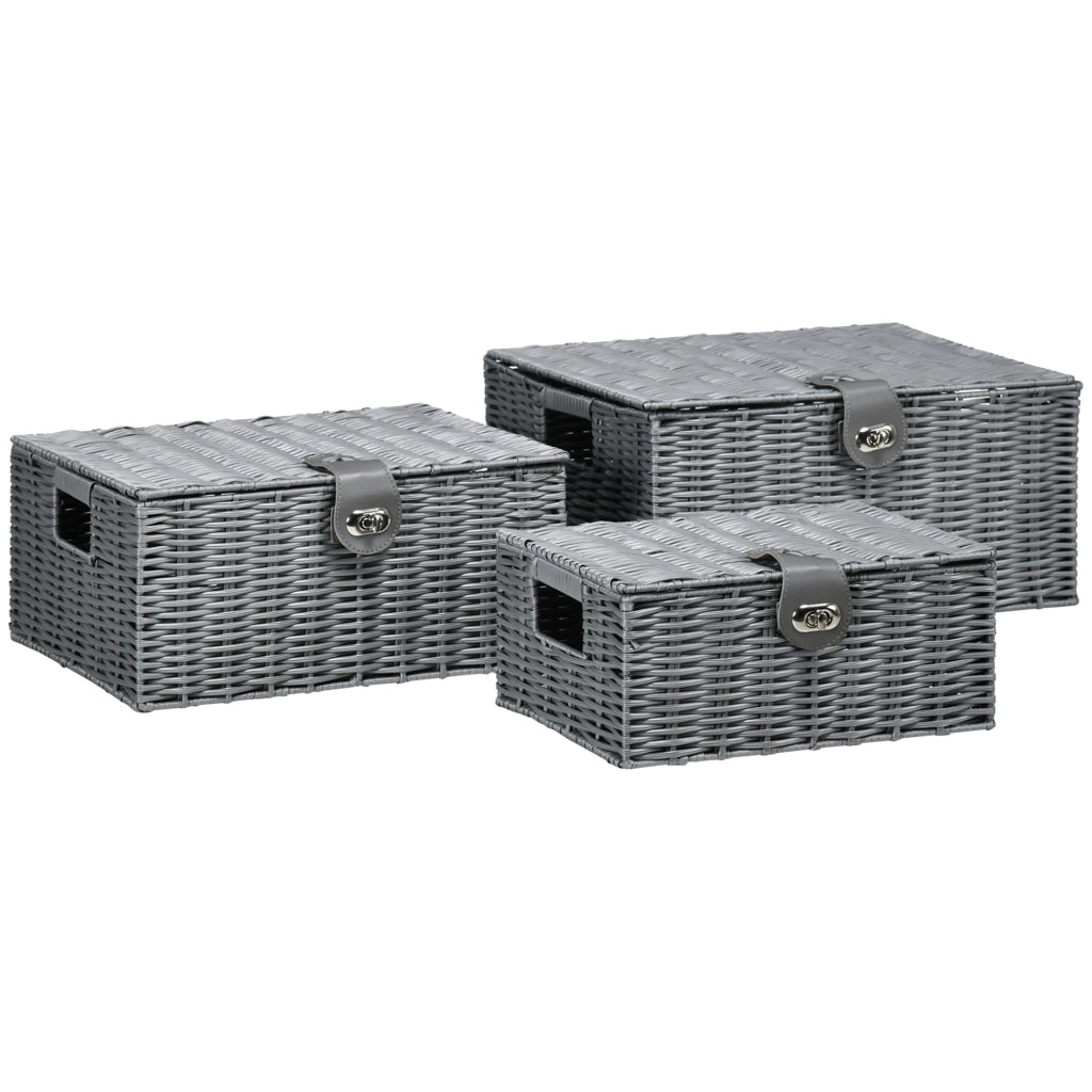 Set 3 Cesti in Vimini PP con Coperchio ¨C Zephmum ¨C Grigio, Diverse Dimensioni