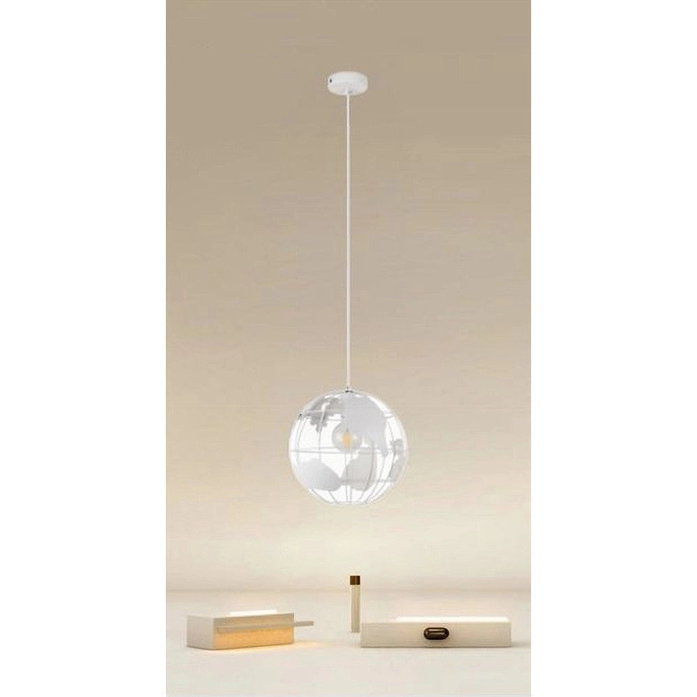 Trade Shop - Lampadario A Sospensione Mappamondo E27 In Metallo Bianco Sfera Globo Sospeso 33931 -
