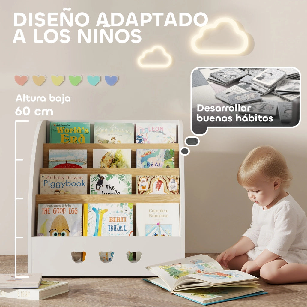Scaffale per Bambini 4 Ripiani ¨C Zephmum ¨C Bianco e Naturale 60x53x60