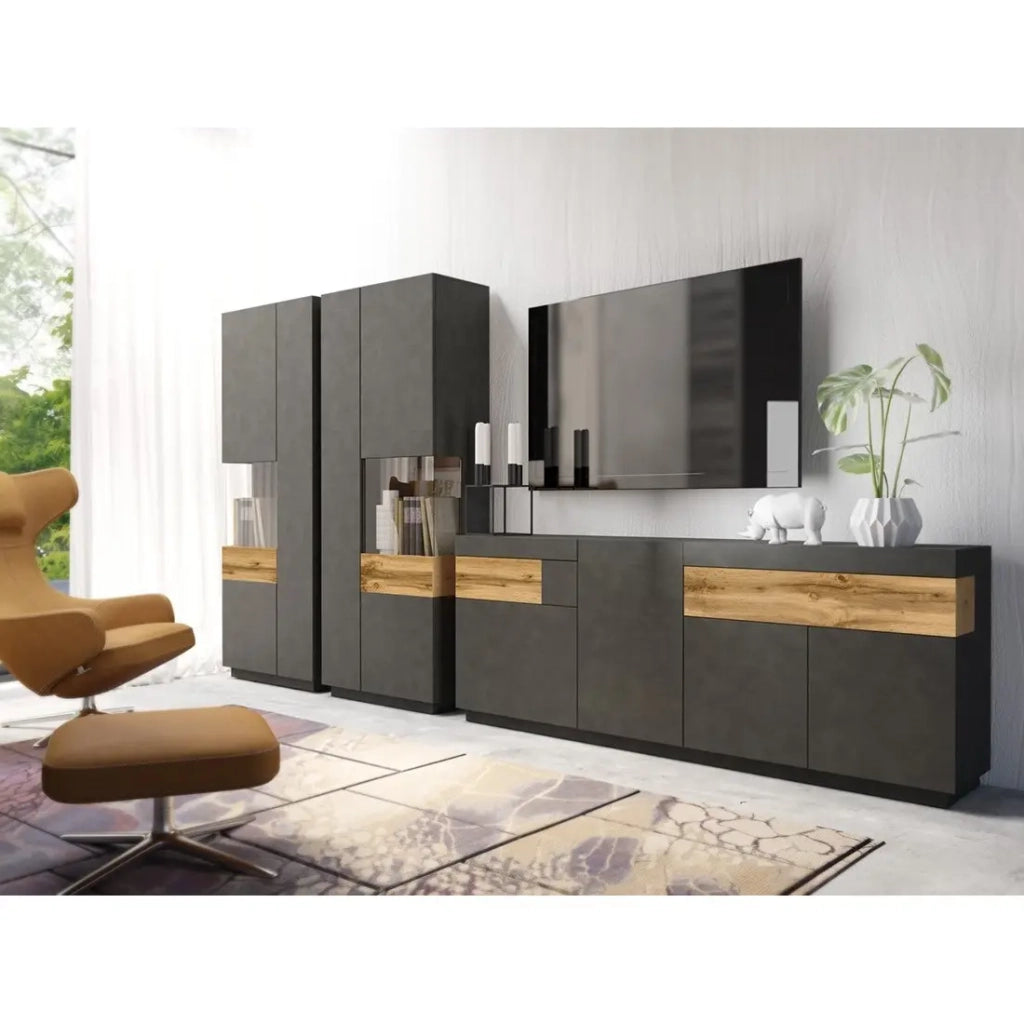 Vetrina collezione KILES colore grigio antracite e rovere. Modello vetrina a destra.
