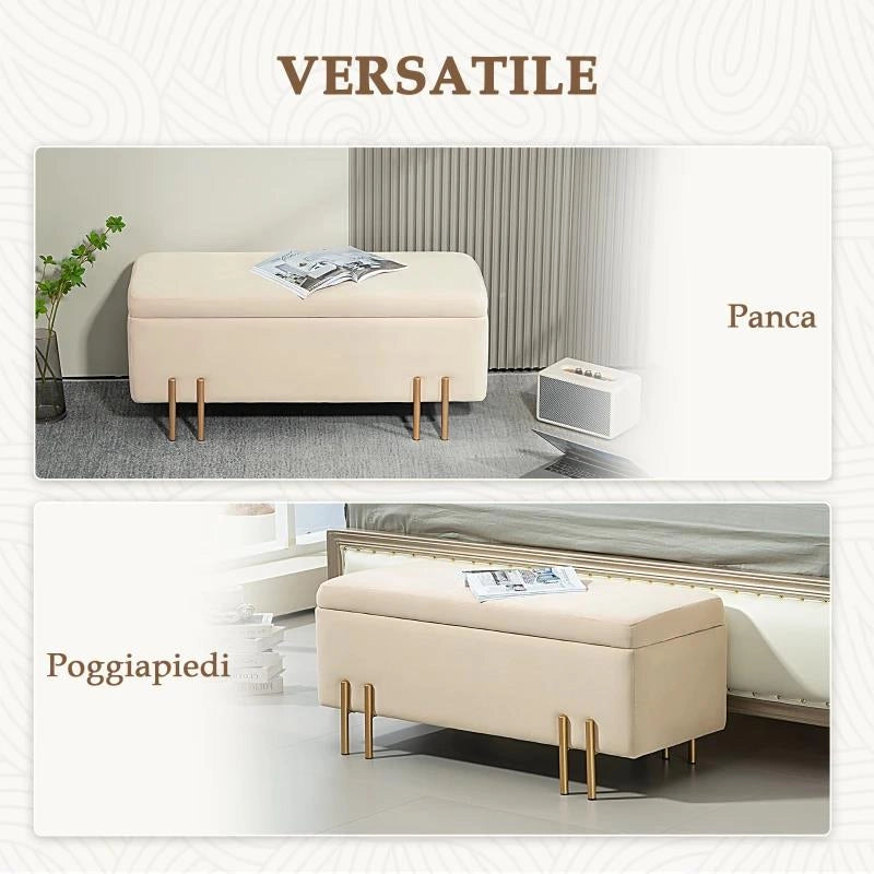 PANCA FONDO LETTO MODERNA CON SPAZIO CONTENITORE INTERNO, IN POLIESTERE BEIGE, 100X40X42 CM