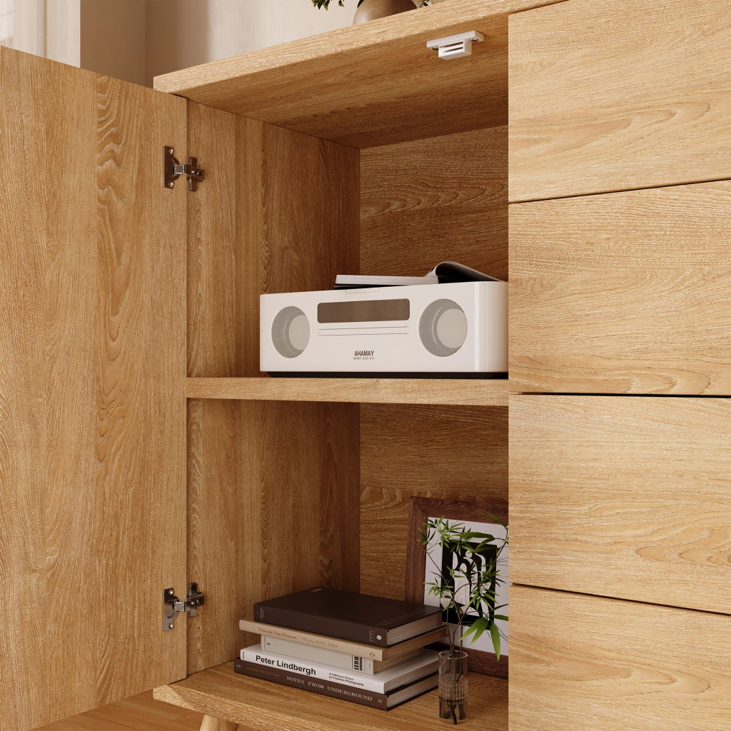 CREDENZA 140x40x86 cm Rovere Chiaro Effetto Rattan 4 Cassetti 2 Ante