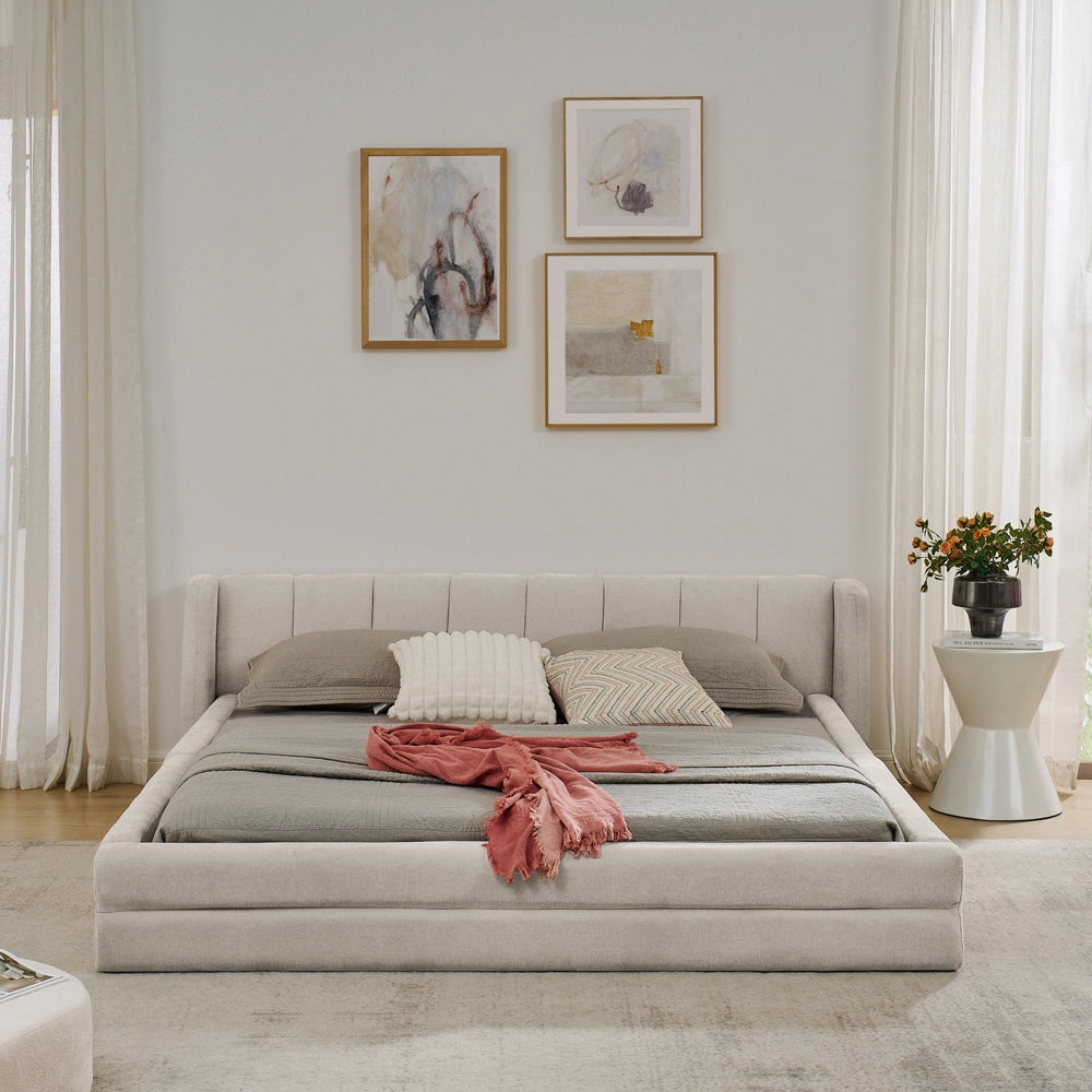 Letto Matrimoniale 160x200cm - Xylo - Testiera Chenille e Struttura Eucalipto/Ferro Beige