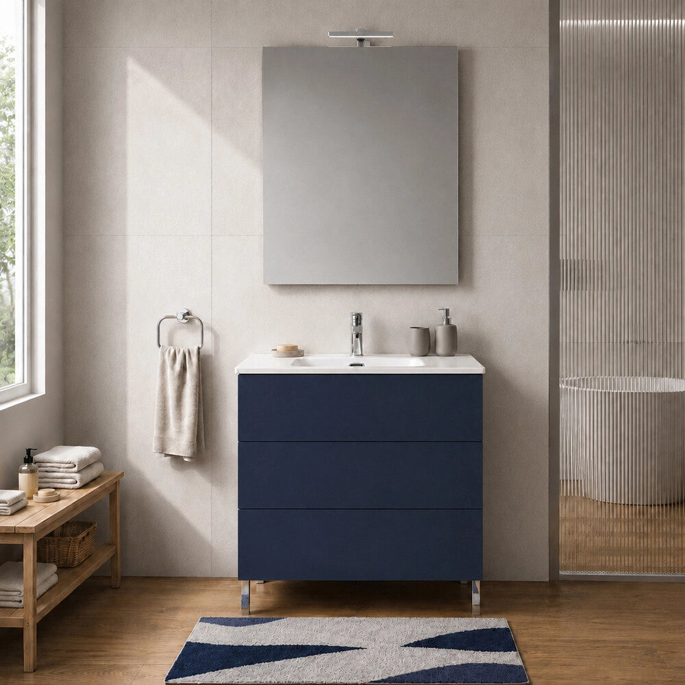 Mobile bagno a terra 70 cm blu tre cassetti push-pull con lavabo Tierra